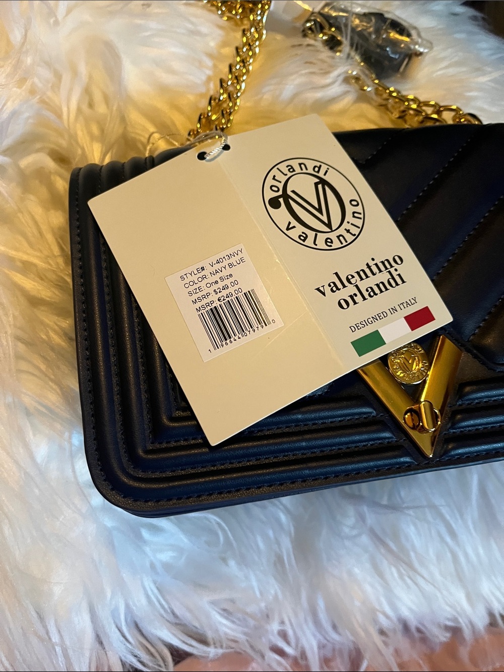 NavyQuilted Crossbody Bag with Gold Chain and Chevron Stitch Valentino orlandi
